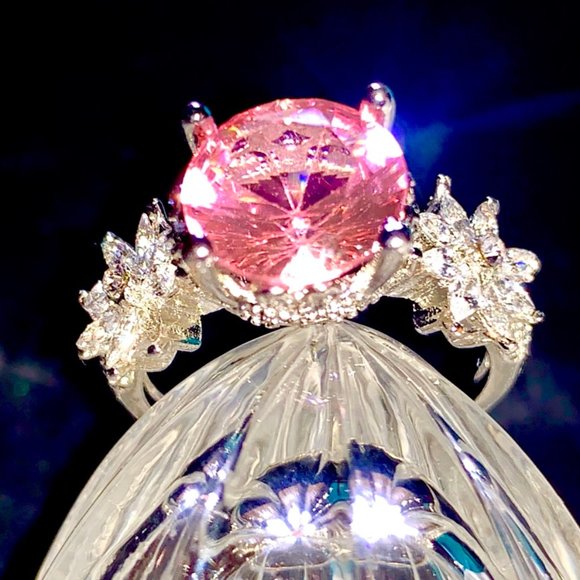 silver ring pink stone & cz flowers - Picture 2 of 10
